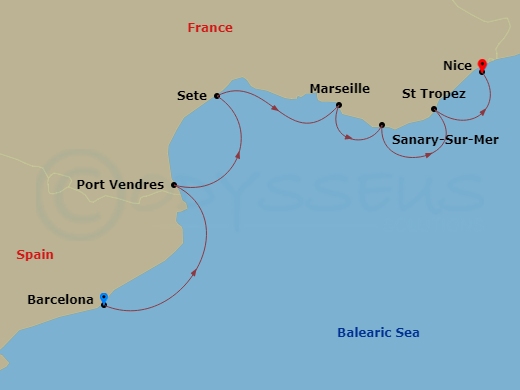Azamara Journey - 7 Night - France Intensive Cruise : Marseille, Saint-Tropez & Nice - Azamara Journey - Starting in Barcelona, Port Vendres, Sete, Provence (Marseille), Sanary.. itinerary map