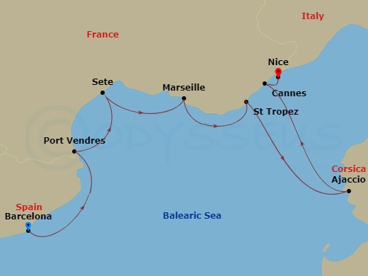 Azamara Quest - 7 Night - France Intensive Cruise : Marseille, Cannes & Nice - Azamara Quest - Starting in Barcelona, Port Vendres, Sete, Provence (Marseille), St Tropez, Aja.. itinerary map