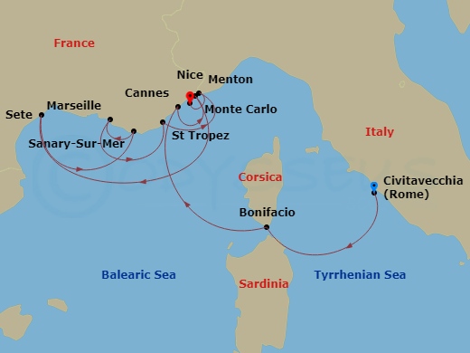Azamara Journey - 11 Night - France Intensive Cruise : Mysteries & Lore - Azamara Journey - Starting in Rome (Civitavecchia), Bonifacio, Cannes, Monte Carlo, Sete, Sanary-sur-m.. itinerary map
