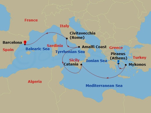 Scarlet Lady - 7 Night - Mykonos Moons and Italian Sunrises - Scarlet Lady - Starting in Athens (Piraeus), Greece, Mykonos, Greece, Catania, Sicily, Italy, Amalfi Coast (Sal.. itinerary map