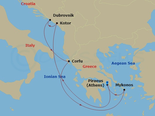Scarlet Lady - 7 Night - Corfu, Dubrovnik & More - Scarlet Lady - Starting in Piraeus (Athens), Greece, Kotor, Montenegro, Dubrovnik, Croatia, Corfu, Greece, Mykonos, Greece.. itinerary map