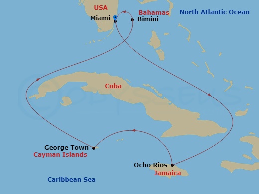 Resilient Lady - 7 Night - Cayman Coves & Jamaican Waterfalls - Resilient Lady - Starting in Miami, Ocho Rios, Jamaica, George Town, Cayman Islands, The Beach Club at Bimini,.. itinerary map