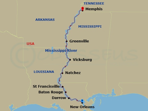 Viking Mississippi - 10 Night - New Orleans to Memphis - Viking Mississippi - Starting in New Orleans, Louisiana, Darrow, Louisiana, Baton Rouge, Louisiana, St Francisville, Louis.. itinerary map