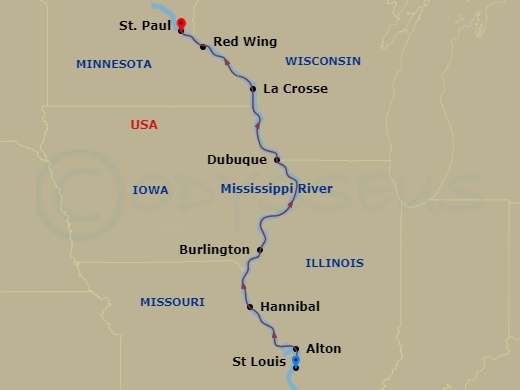 Viking Mississippi - 7 Night - Heartland of America - Viking Mississippi - Starting in Alton, Illinois, Hannibal, Missouri, Burlington, Iowa, Quad Cities, Iowa, Dubuque, Iowa, La.. itinerary map