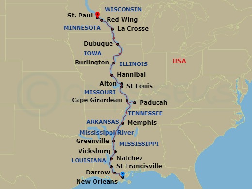 21 Night - Mississippi River Odyssey - Viking Mississippi - Starting in New Orleans, Louisiana, Darrow, Louisiana, St Francisville, Louisiana, Natchez, Mississippi, Vicksburg, Mississippi, Greenville, Mississippi, Scenic Sailing Lower Mississippi, Memphis, Tennessee, Scenic Sailing Upper Mississippi, Paducah, Kentucky, Cape Girardeau, Missouri, St Louis, Missouri, Alton, Illinois, Hannibal, Missouri, Burlington, Iowa, Quad Cities, Iowa, Dubuque, Iowa, La Crosse, Wisconsin, Red Wing, Minnesota, St Paul, Minnesota itinerary map