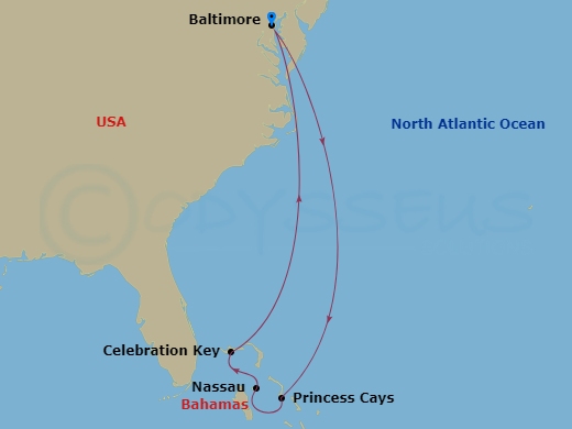 Carnival Pride - 7 Night - Bahamas - Carnival Pride - Starting in Baltimore, MD, Princess Cays, the Bahamas, Ship Meetup, Nassau, Bahamas, Celebration Key, the Bahamas, Baltim.. itinerary map