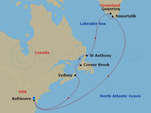 Carnival Pride - 14 Night - Journeys - Greenland & Canada - Carnival Pride - Starting in Baltimore, MD, Nanortalik, Greenland, Qaqortoq, Greenland, St Anthony, Nl, Canada, Cor.. itinerary map
