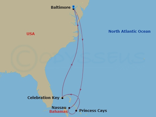 Carnival Pride - 7 Night - Bahamas - Carnival Pride - Starting in Baltimore, MD, Nassau, Bahamas, Princess Cays, the Bahamas, Celebration Key, the Bahamas, Baltimore, MD itinerary map