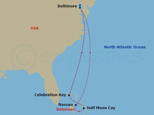 Carnival Pride - 7 Night - Bahamas - Carnival Pride - Starting in Baltimore, MD, Nassau, Bahamas, Half Moon Cay, the Bahamas, Celebration Key, the Bahamas, Baltimore, MD itinerary map