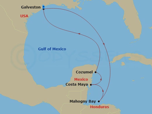 Carnival Jubilee - 7 Night - Western Caribbean - Carnival Jubilee - Starting in Galveston, Tx, Mahogany Bay, Roatan, Costa Maya, Mexico, Cozumel, Mexico, Galveston, Tx itinerary map