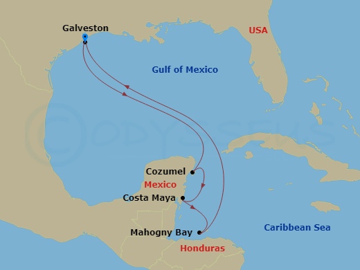 Carnival Jubilee - 7 Night - Western Caribbean - Carnival Jubilee - Starting in Galveston, Tx, Cozumel, Mexico, Costa Maya, Mexico, Mahogany Bay, Roatan, Galveston, Tx itinerary map