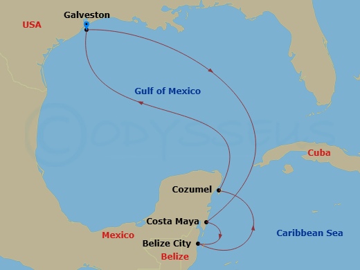 Carnival Dream - 6 Night - Western Caribbean - Carnival Dream - Starting in Galveston, Tx, Costa Maya, Mexico, Belize, Cozumel, Mexico, Galveston, Tx itinerary map