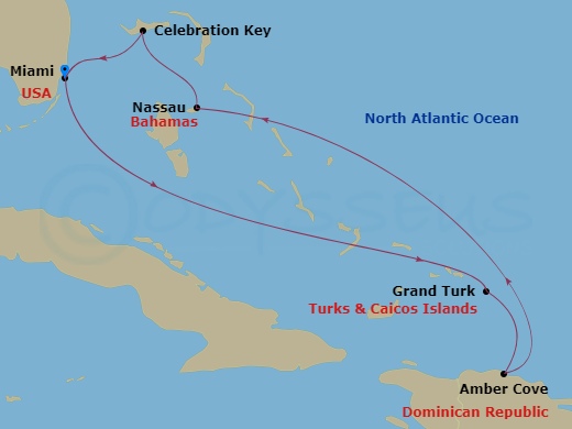Carnival Celebration - 7 Night - Eastern Caribbean - Carnival Celebration - Starting in Miami, Fl, Grand Turk, Amber Cove, Dominican Republic, Nassau, Bahamas, Celebration Key, the.. itinerary map