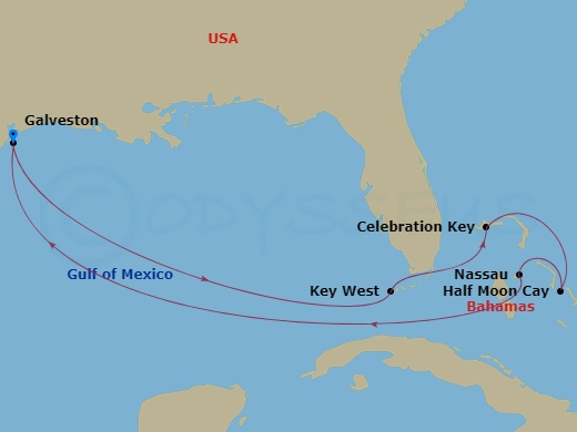 Carnival Dream - 8 Night - Bahamas - Carnival Dream - Starting in Galveston, Tx, Key West, FL, Celebration Key, the Bahamas, Half Moon Cay, the Bahamas, Nassau, Bahamas, Galve.. itinerary map