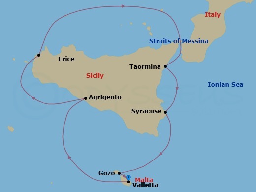 9 Night - The Ancient Shores of Sicily and Malta - Sea Cloud II - Starting in Valletta, Malta / Embark Ship, Agrigento, Sicily, Italy / At Sea, Erice / Marsala, Taormina, Siracusa / At Sea, Gozo, Malta, Valletta, Valletta / Disembark Ship itinerary map