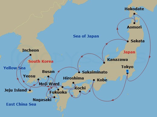 Crystal Symphony - 21 Night - Asia and Asia Pacific Roundtrip from Tokyo - Crystal Symphony - Starting in Tokyo, Kobe, Kochi, Japan, Hiroshima, Moji, Yeosu, Jeju, Incheon (Seoul.. itinerary map