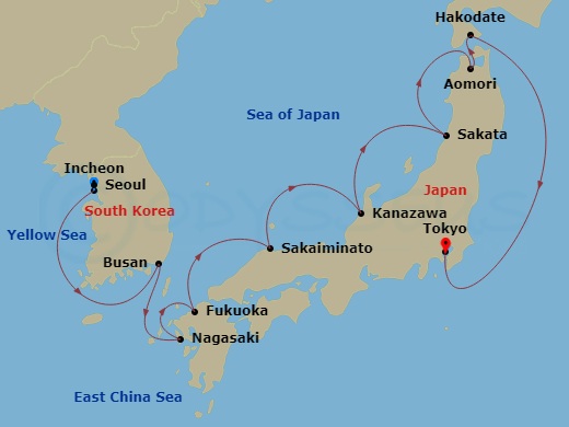 Crystal Symphony - 12 Night - Asia and Asia Pacific from Incheon to Tokyo - Crystal Symphony - Starting in Incheon (Seoul), Busan, Nagasaki, Fukuoka (Kyushu Island), Sakaiminato.. itinerary map