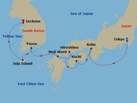 Crystal Symphony - 9 Night - Asia and Asia Pacific from Tokyo to Incheon - Crystal Symphony - Starting in Tokyo, Kobe, Kochi, Japan, Hiroshima, Moji, Yeosu, Jeju, Incheon (Seoul) itinerary map