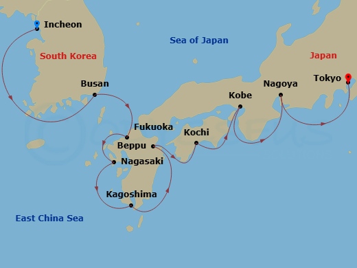 Crystal Symphony - 11 Night - Asia and Asia Pacific from Incheon to Tokyo - Crystal Symphony - Starting in Incheon (Seoul), Busan, Fukuoka (Kyushu Island), Nagasaki, Kagoshima,.. itinerary map