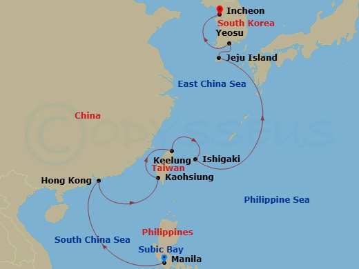 Crystal Symphony - 12 Night - Asia and Asia Pacific from Manila to Incheon - Crystal Symphony - Starting in Manila, Subic Bay, Hong Kong, Kaohsiung, Keelung, Ishigaki / Ryukyu I.. itinerary map