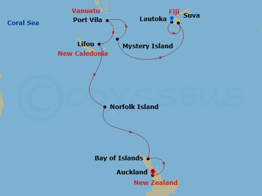 Crystal Serenity - 11 Night - South Pacific - Crystal Serenity - Starting in Lautoka, Suva, Mystery Island, Anelghowhat, Port Vila, Lifou, Norfolk Island, Bay of Islands, Auckland itinerary map