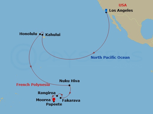 Crystal Serenity - 18 Night - South Pacific - Crystal Serenity - Starting in Los Angeles, Kahului, Hawaii, Honolulu, Nuku Hiva, Fakarava, Rangiroa, Moorea Island, Papeete (Tahiti) itinerary map