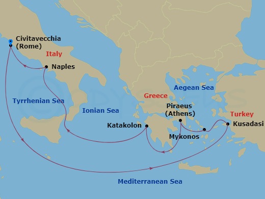 Carnival Legend - 9 Night - Greek Isles Turkey & Italy - Carnival Legend - Starting in Civitavecchia (Rome), Italy, Kusadasi (Ephesus), Turkey, Mykonos, Greece, Piraeus (Athens.. itinerary map
