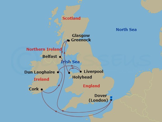 Carnival Legend - 9 Night - British Isles - Carnival Legend - Starting in Dover UK (London), England, Cobh (Cork), Ireland, Dun Laoghaire (Dublin), Ireland, Liverpool, England,.. itinerary map