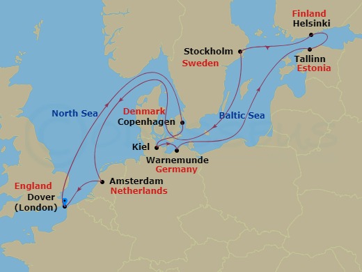 Carnival Legend - 12 Night - Scandinavia & Baltic - Carnival Legend - Starting in Dover UK (London), England, Copenhagen, Denmark, Kiel (Hamburg), Germany, Warnemunde (Berlin),.. itinerary map