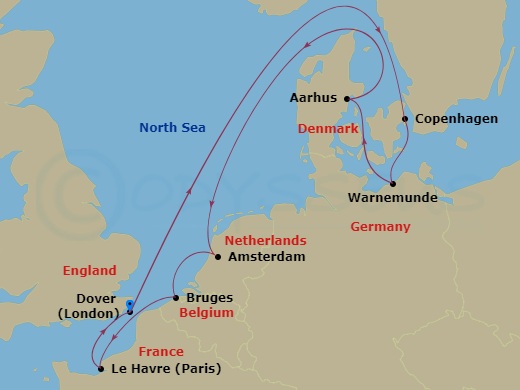Carnival Legend - 9 Night - Northern Europe - Carnival Legend - Starting in Dover UK (London), England, Copenhagen, Denmark, Warnemunde (Berlin), Germany, Aarhus, Denmark, Amst.. itinerary map