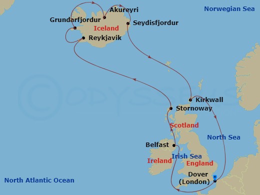 Carnival Legend - 12 Night - Iceland & British Isles - Carnival Legend - Starting in Dover UK (London), England, Belfast, Northern Ireland, Stornoway, Scotland, Uk, Reykjavik,.. itinerary map