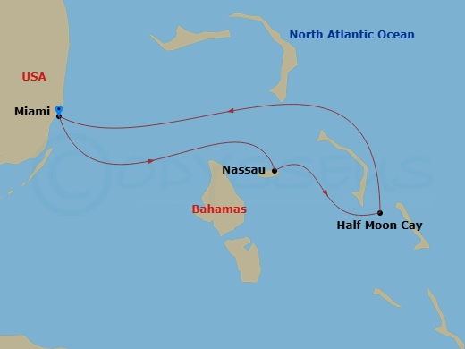 Carnival Legend - 4 Night - Bahamas - Carnival Legend - Starting in Miami, Fl, Nassau, Bahamas, Half Moon Cay, the Bahamas, Miami, Fl itinerary map