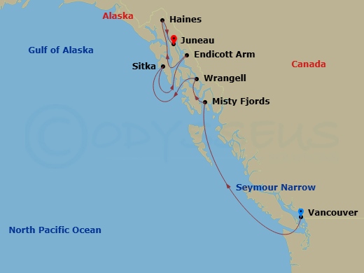 Star Seeker - 8 Night - Scenic Alaska - Star Seeker - Starting in Vancouver, Transit Seymour Narrow, Grenville Channel, Ak, Misty Fjords / Rudyerd Bay, Wrangell, Sitka, End.. itinerary map