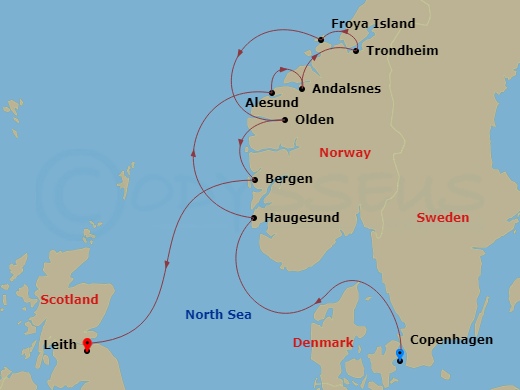 Star Legend - 10 Night - Endless Days in Norway - Star Legend - Starting in Copenhagen, Haugesund, Alesund, Andalsnes, Norway, Trondheim, Norway, Froya / Sistranda Liggeka,.. itinerary map