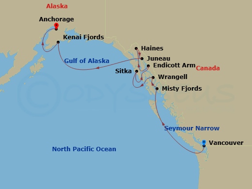 10 Night - Alaskan Splendors - Star Seeker - Starting in Vancouver, Transit Seymour Narrow, Misty Fjords / Rudyerd Bay, Wrangell, Sitka, Endicott Arm and Dawes Glacier, Haines, Juneau, Kenai Fjords National Park, Anchorage (Seward), Alaska itinerary map