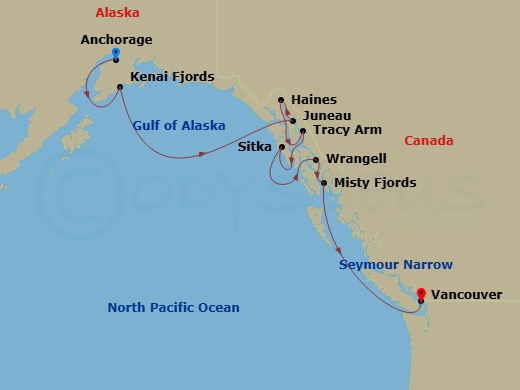 Star Seeker - 10 Night - Alaskan Splendors - Star Seeker - Starting in Anchorage (Seward), Alaska, Kenai Fjords National Park, Juneau, Haines, Tracy Arm / Endicott Arm, Sit.. itinerary map