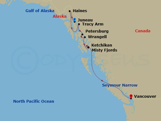 Star Seeker - 8 Night - James Beard Foundation : Scenic Alaska - Star Seeker - Starting in Juneau, Haines, Tracy Arm / Endicott Arm, Petersburg, Wrangell, Misty Fjords / Ru.. itinerary map
