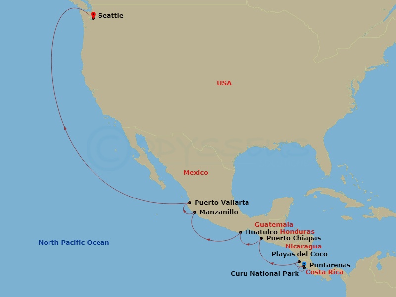 Star Seeker - 16 Night - Star Collector : Pacific Coast Passage : Costa Rican Rainforests to Seattle's Evergreen Shores - Star Seeker - Starting in Puerto Caldera, Curu, Co.. itinerary map