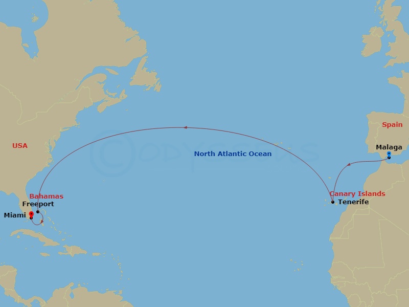 Star Seeker - 16 Night - Maiden Voyage - Star Seeker - Starting in Malaga, Santa Cruz de Tenerife, Freeport, Bahamas, Miami itinerary map