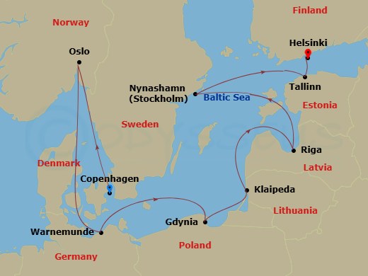 NCL Norwegian Sun - 9 Night - Europe - Baltic - NCL Norwegian Sun - Starting in Copenhagen, Denmark, Oslo, Norway, Warnemunde / Berlin, Germany, Gdynia / Gdansk, Poland, Klaipeda.. itinerary map