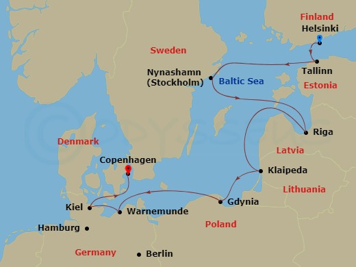 NCL Norwegian Sun - 9 Night - Europe - Baltic - NCL Norwegian Sun - Starting in Helsinki, Finland, Tallinn, Estonia, Nynashamn / Stockholm, Sweden, Riga, Latvia, Klaipeda, Lithua.. itinerary map