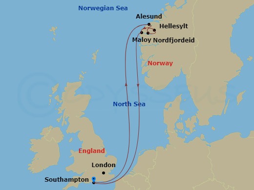 MSC Virtuosa - 7 Night - Northern Europe - MSC Virtuosa - Starting in Southampton (London), United Kingdom, Alesund, Norway, Nordfjordeid, Norway, Hellesylt, Norway, Maloy,.. itinerary map