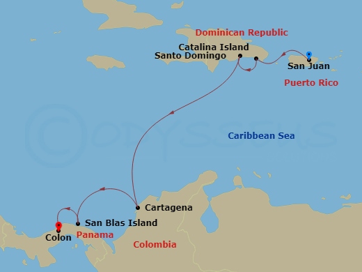 Star Seeker - 7 Night - New World Caribbean Trio - Star Seeker - Starting in San Juan, Isla Catalina, Santo Domingo, Cartagena CO, San Blas, Panama, Colon itinerary map