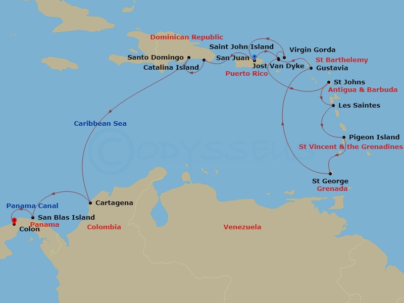 Star Seeker - 17 Night - Star Collector : Seeking the Antilles - Star Seeker - Starting in San Juan, St John VI (Cruz Bay), US Virgin Islands, St Johns AG, Les Saintes, Pig.. itinerary map