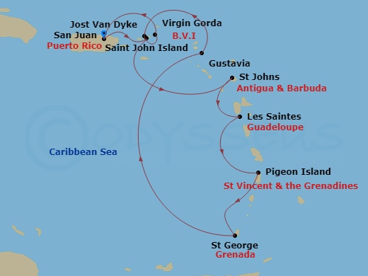 Star Seeker - 10 Night - Gems of the Leeward Islands - Star Seeker - Starting in San Juan, St John VI (Cruz Bay), US Virgin Islands, St Johns, Les Saintes, Pigeon Island, S.. itinerary map