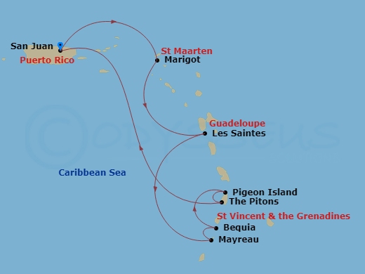 Star Seeker - 7 Night - Windward Islands Surf & Sunsets - Star Seeker - Starting in San Juan, Marigot, St Martin, Les Saintes, Mayreau, Bequia, Pigeon Island, The Pitons, S.. itinerary map