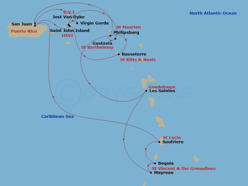 Star Seeker - 14 Night - Star Collector : Lovely Leewards - Star Seeker - Starting in San Juan, St John VI (Cruz Bay), US Virgin Islands, Basseterre, Philipsburg, St Maarte.. itinerary map
