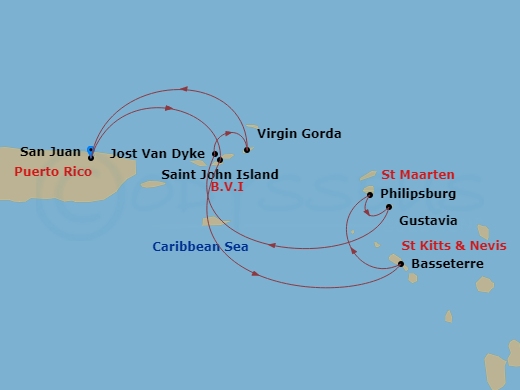 Star Seeker - 7 Night - San Juan & the Virgin Islands - Star Seeker - Starting in San Juan, St John VI (Cruz Bay), US Virgin Islands, Basseterre, Philipsburg, St Maarten, G.. itinerary map