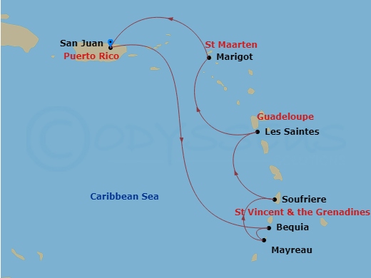 Star Seeker - 7 Night - Windward Islands Surf & Sunsets - Star Seeker - Starting in San Juan, Bequia, Mayreau, Soufriere, Les Saintes, Marigot, St Martin, San Juan itinerary map