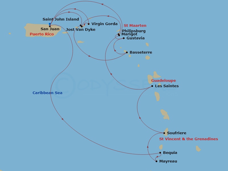 Star Seeker - 14 Night - Star Collector : Lovely Leewards - Star Seeker - Starting in San Juan, St John VI (Cruz Bay), US Virgin Islands, Basseterre, Gustavia, Philipsburg,.. itinerary map